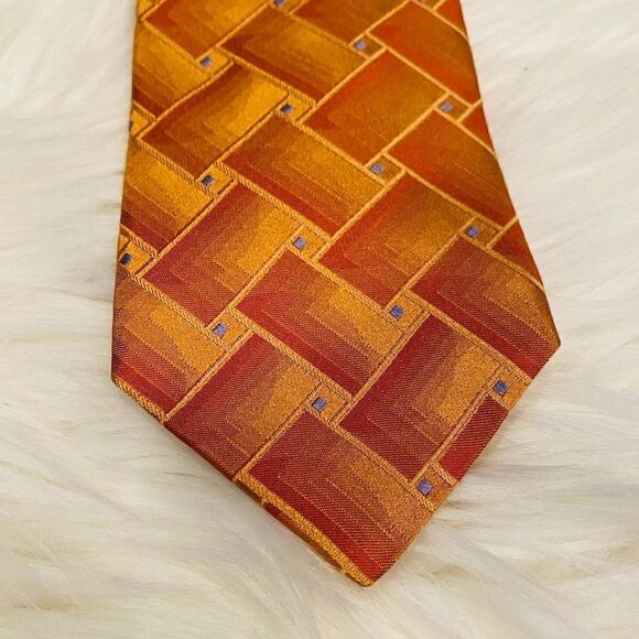 Ted Baker Hand Crafted Orange Geometric Silk Neck Tie - Picture 3 of 6